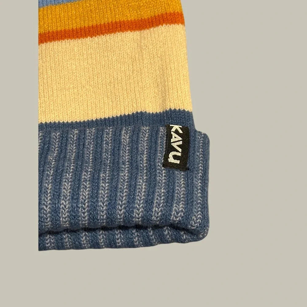 KAVU Herschel Pom Beanie Mountain Landscape Knit Winter Hat Blue Cream Unisex